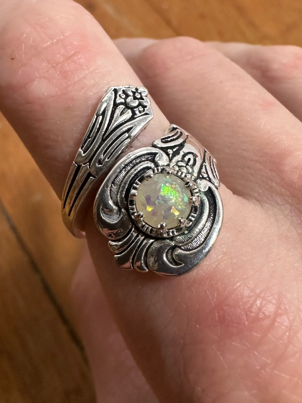 Sterling Silver And Opal Spoon Look Wrap Adjustable Ring